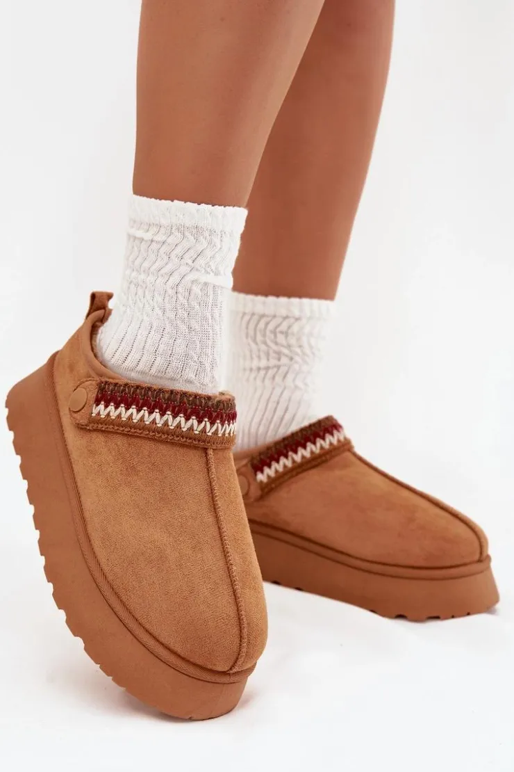 Damskie Boto Śniegowce Damskie Niskie Z Ruchomym Paskiem I Haftem Na Platformie Camel Lyrisse