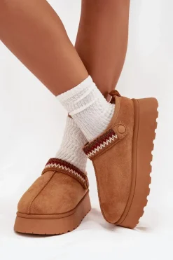 Damskie Boto Śniegowce Damskie Niskie Z Ruchomym Paskiem I Haftem Na Platformie Camel Lyrisse