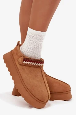 Damskie Boto Śniegowce Damskie Niskie Z Ruchomym Paskiem I Haftem Na Platformie Camel Lyrisse