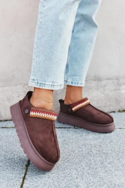 Damskie Boto Śniegowce Damskie Niskie Z Ruchomym Paskiem I Haftem Na Platformie Czekoladowe Lyrisse