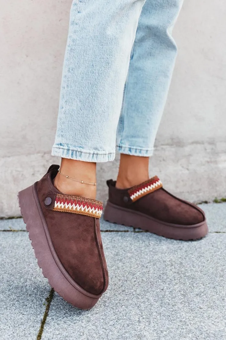 Damskie Boto Śniegowce Damskie Niskie Z Ruchomym Paskiem I Haftem Na Platformie Czekoladowe Lyrisse