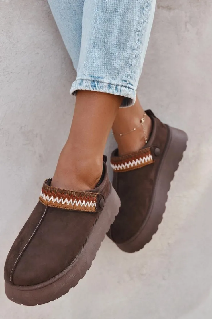 Damskie Boto Śniegowce Damskie Niskie Z Ruchomym Paskiem I Haftem Na Platformie Czekoladowe Lyrisse