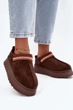 Damskie Boto Śniegowce Damskie Niskie Z Ruchomym Paskiem I Haftem Na Platformie Czekoladowe Lyrisse