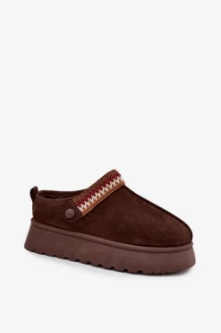 Damskie Boto Śniegowce Damskie Niskie Z Ruchomym Paskiem I Haftem Na Platformie Czekoladowe Lyrisse