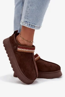 Damskie Boto Śniegowce Damskie Niskie Z Ruchomym Paskiem I Haftem Na Platformie Czekoladowe Lyrisse