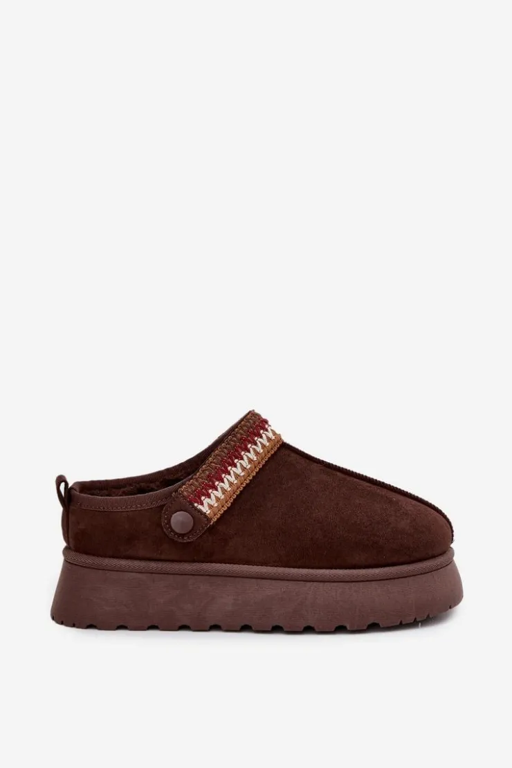 Damskie Boto Śniegowce Damskie Niskie Z Ruchomym Paskiem I Haftem Na Platformie Czekoladowe Lyrisse