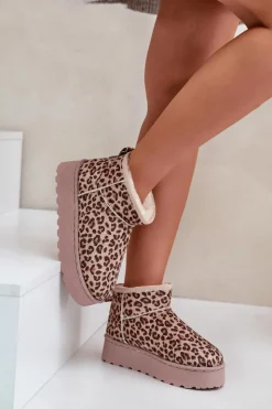 Damskie Boto Śniegowce Damskie W Panterkę Na Platformie Ocieplane Futerkiem Brązowe Xamella