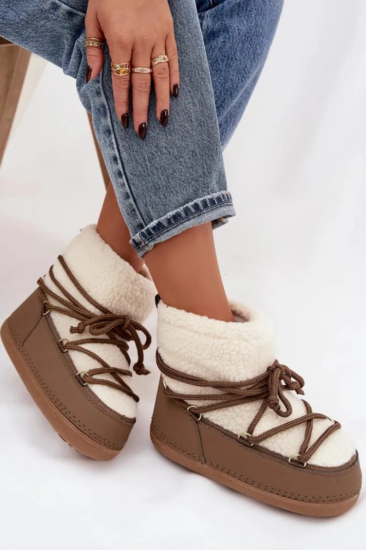 Clearance Boto Śniegowce Damskie Z Futerkiem Typu Baranek Wiązane Ciemnobeżowe Belira Beżowy