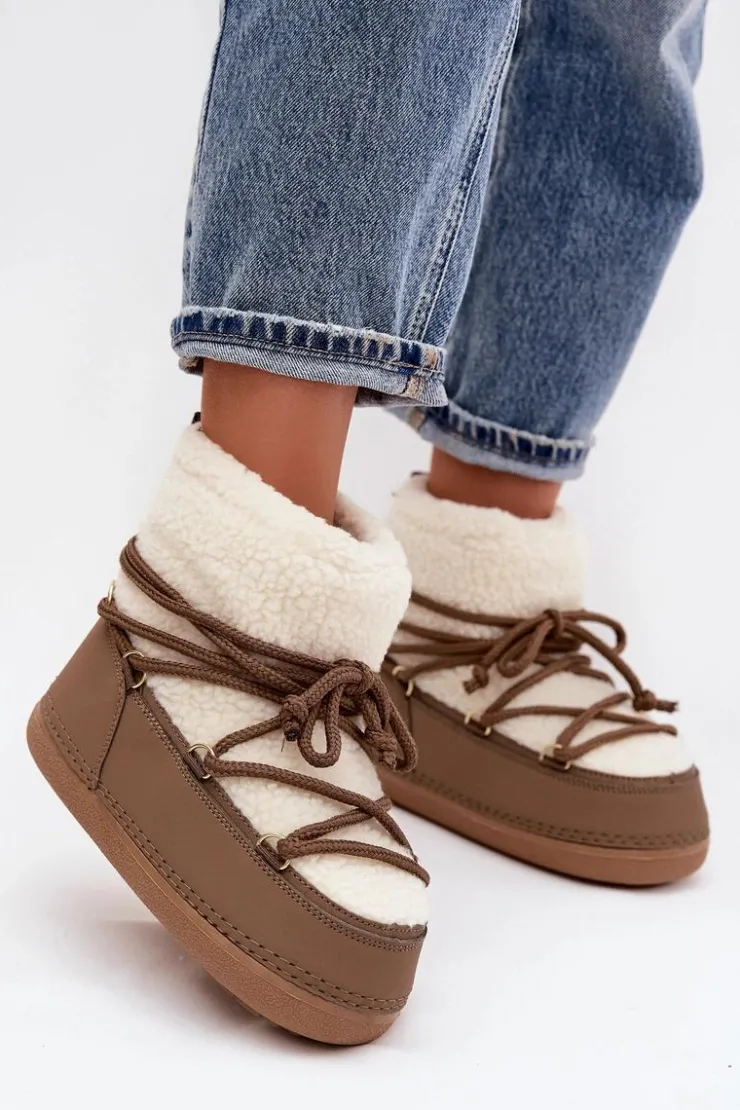 Clearance Boto Śniegowce Damskie Z Futerkiem Typu Baranek Wiązane Ciemnobeżowe Belira Beżowy