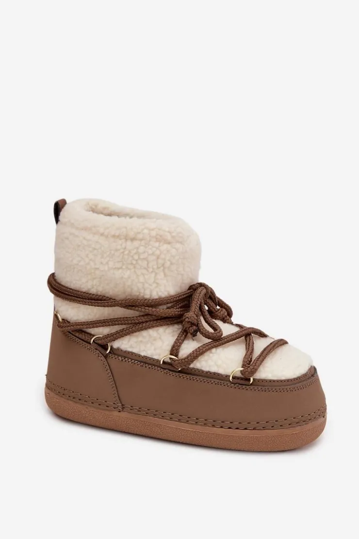 Clearance Boto Śniegowce Damskie Z Futerkiem Typu Baranek Wiązane Ciemnobeżowe Belira Beżowy