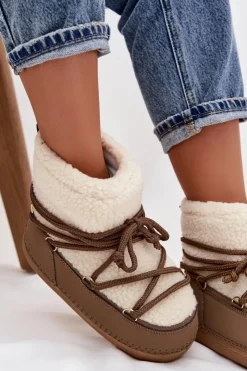 Clearance Boto Śniegowce Damskie Z Futerkiem Typu Baranek Wiązane Ciemnobeżowe Belira Beżowy