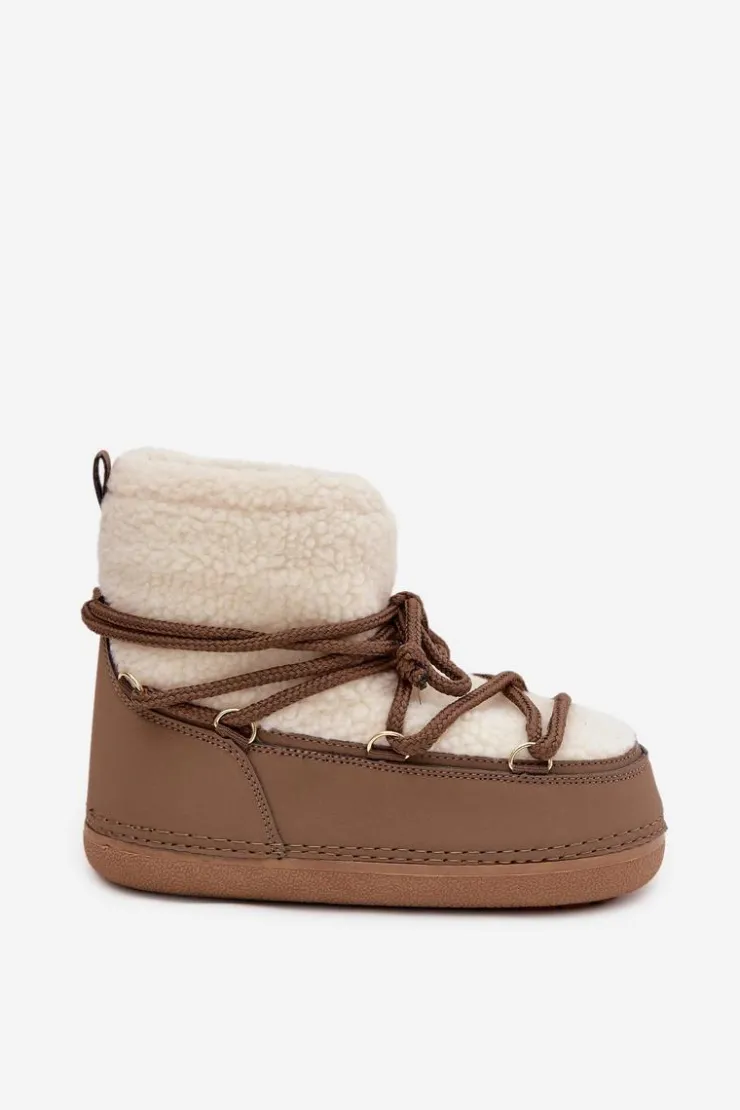 Clearance Boto Śniegowce Damskie Z Futerkiem Typu Baranek Wiązane Ciemnobeżowe Belira Beżowy