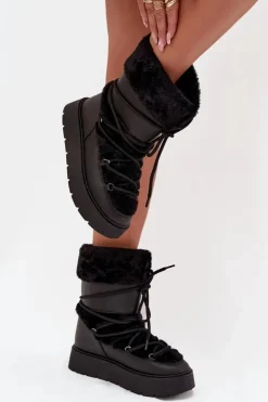 Boto Śniegowce Damskie*Śniegowce Damskie Z Futerkiem I Wiązaniem Na Platformie Czarne Marinna Czarny