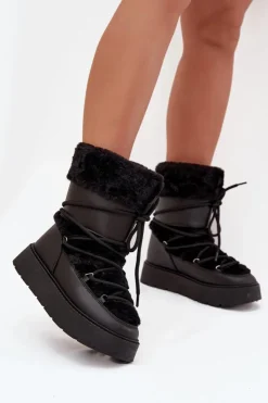 Boto Śniegowce Damskie*Śniegowce Damskie Z Futerkiem I Wiązaniem Na Platformie Czarne Marinna Czarny