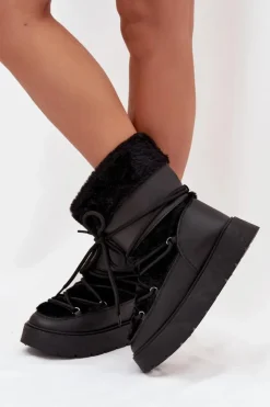 Boto Śniegowce Damskie*Śniegowce Damskie Z Futerkiem I Wiązaniem Na Platformie Czarne Marinna Czarny