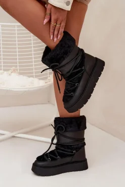 Boto Śniegowce Damskie*Śniegowce Damskie Z Futerkiem I Wiązaniem Na Platformie Czarne Marinna Czarny