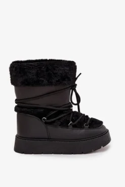 Boto Śniegowce Damskie*Śniegowce Damskie Z Futerkiem I Wiązaniem Na Platformie Czarne Marinna Czarny