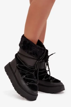 Boto Śniegowce Damskie*Śniegowce Damskie Z Futerkiem I Wiązaniem Na Platformie Czarne Marinna Czarny