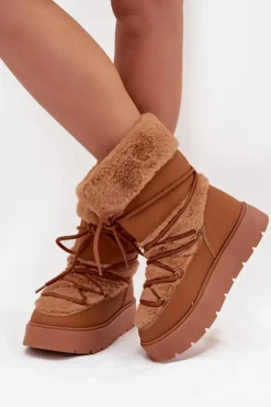 Damskie Boto Śniegowce Damskie Z Futerkiem I Wiązaniem Na Platformie Camel Marinna