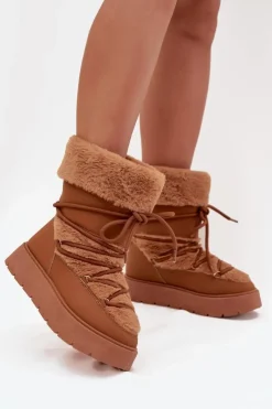 Damskie Boto Śniegowce Damskie Z Futerkiem I Wiązaniem Na Platformie Camel Marinna