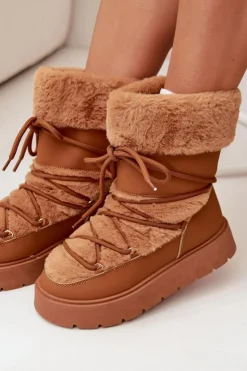 Damskie Boto Śniegowce Damskie Z Futerkiem I Wiązaniem Na Platformie Camel Marinna