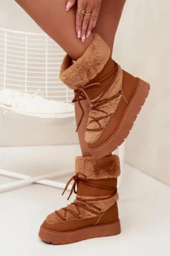 Damskie Boto Śniegowce Damskie Z Futerkiem I Wiązaniem Na Platformie Camel Marinna