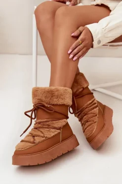Damskie Boto Śniegowce Damskie Z Futerkiem I Wiązaniem Na Platformie Camel Marinna