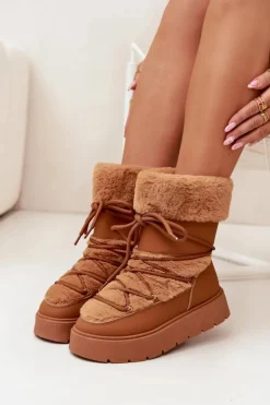 Damskie Boto Śniegowce Damskie Z Futerkiem I Wiązaniem Na Platformie Camel Marinna