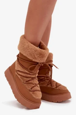 Damskie Boto Śniegowce Damskie Z Futerkiem I Wiązaniem Na Platformie Camel Marinna