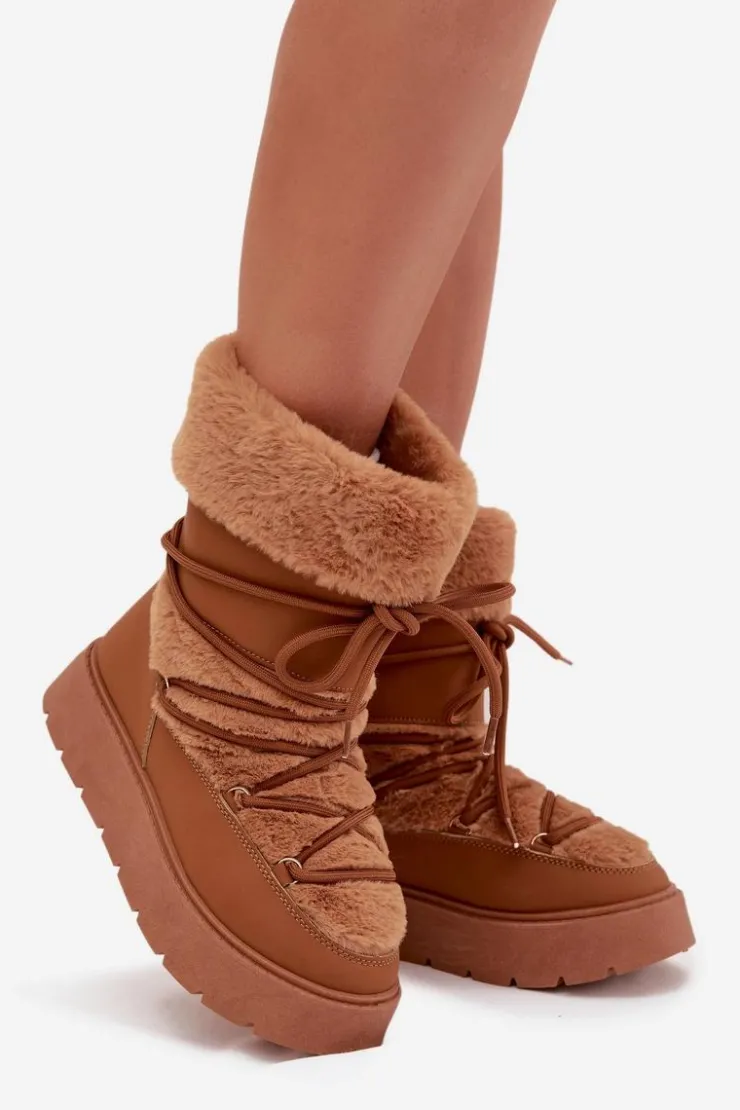 Damskie Boto Śniegowce Damskie Z Futerkiem I Wiązaniem Na Platformie Camel Marinna