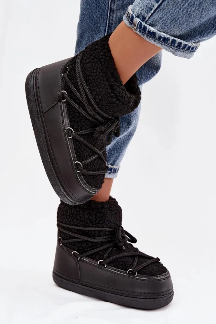 Boto Śniegowce Damskie*Śniegowce Damskie Z Futerkiem Typu Baranek Wiązane Czarne Belira Czarny