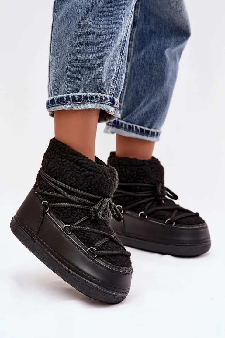 Boto Śniegowce Damskie*Śniegowce Damskie Z Futerkiem Typu Baranek Wiązane Czarne Belira Czarny