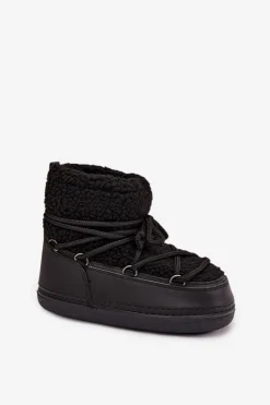 Boto Śniegowce Damskie*Śniegowce Damskie Z Futerkiem Typu Baranek Wiązane Czarne Belira Czarny