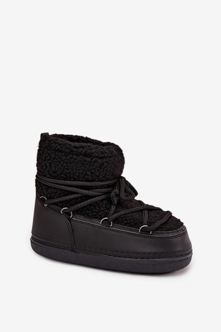 Boto Śniegowce Damskie*Śniegowce Damskie Z Futerkiem Typu Baranek Wiązane Czarne Belira Czarny