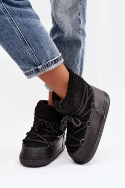 Boto Śniegowce Damskie*Śniegowce Damskie Z Futerkiem Typu Baranek Wiązane Czarne Belira Czarny