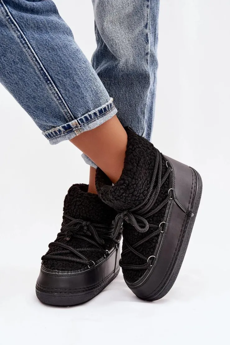 Boto Śniegowce Damskie*Śniegowce Damskie Z Futerkiem Typu Baranek Wiązane Czarne Belira Czarny