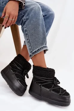 Boto Śniegowce Damskie*Śniegowce Damskie Z Futerkiem Typu Baranek Wiązane Czarne Belira Czarny