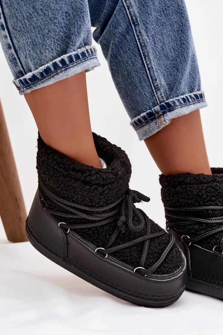 Boto Śniegowce Damskie*Śniegowce Damskie Z Futerkiem Typu Baranek Wiązane Czarne Belira Czarny