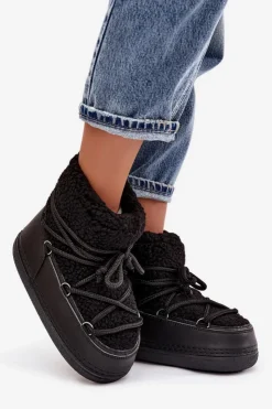 Boto Śniegowce Damskie*Śniegowce Damskie Z Futerkiem Typu Baranek Wiązane Czarne Belira Czarny