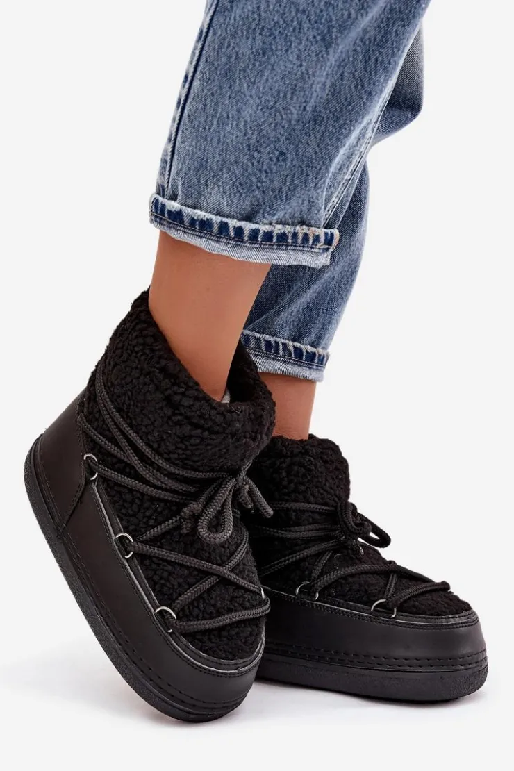 Boto Śniegowce Damskie*Śniegowce Damskie Z Futerkiem Typu Baranek Wiązane Czarne Belira Czarny