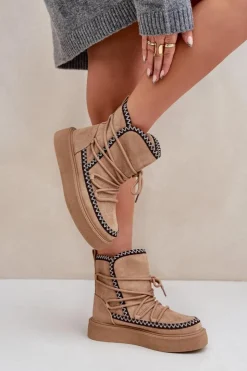 Outlet Boto Śniegowce Damskie Z Haftem Na Platformie Brązowe Naleris Brązowy