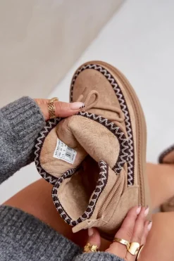 Outlet Boto Śniegowce Damskie Z Haftem Na Platformie Brązowe Naleris Brązowy