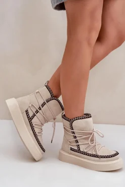 Damskie Boto Śniegowce Damskie Z Haftem Na Platformie Jasnobeżowe Naleris