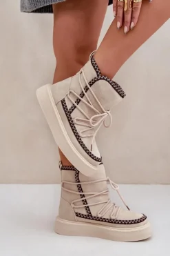 Damskie Boto Śniegowce Damskie Z Haftem Na Platformie Jasnobeżowe Naleris