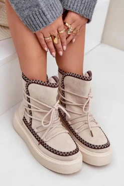 Damskie Boto Śniegowce Damskie Z Haftem Na Platformie Jasnobeżowe Naleris