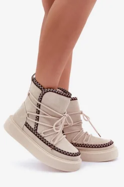 Damskie Boto Śniegowce Damskie Z Haftem Na Platformie Jasnobeżowe Naleris