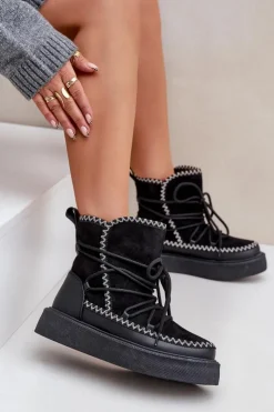 Boto Śniegowce Damskie*Śniegowce Damskie Z Haftem Na Platformie Czarne Naleris Czarny