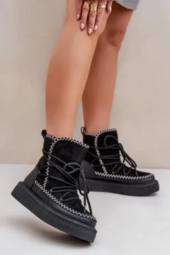 Boto Śniegowce Damskie*Śniegowce Damskie Z Haftem Na Platformie Czarne Naleris Czarny