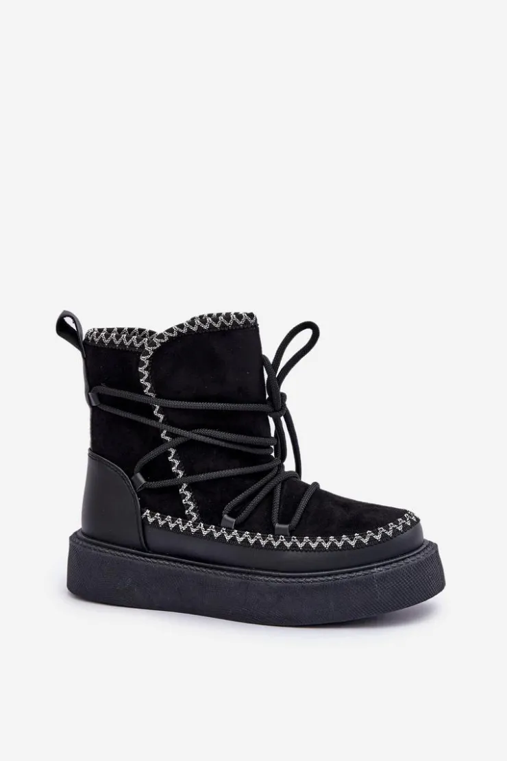 Boto Śniegowce Damskie*Śniegowce Damskie Z Haftem Na Platformie Czarne Naleris Czarny