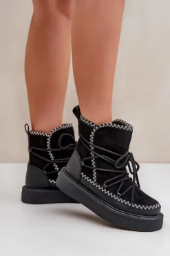 Boto Śniegowce Damskie*Śniegowce Damskie Z Haftem Na Platformie Czarne Naleris Czarny